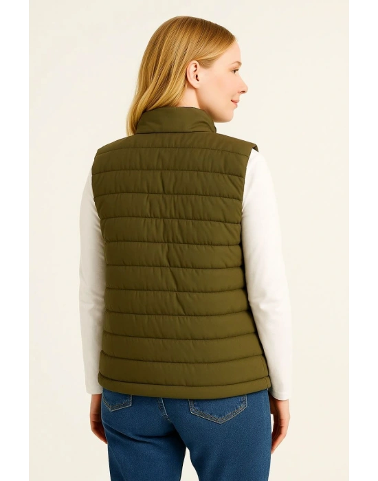 Kadın Şişme Fermuarlı Yelek Su itici Kapitone Astarlı Cepli Hafif Spor Kalıp - Haki