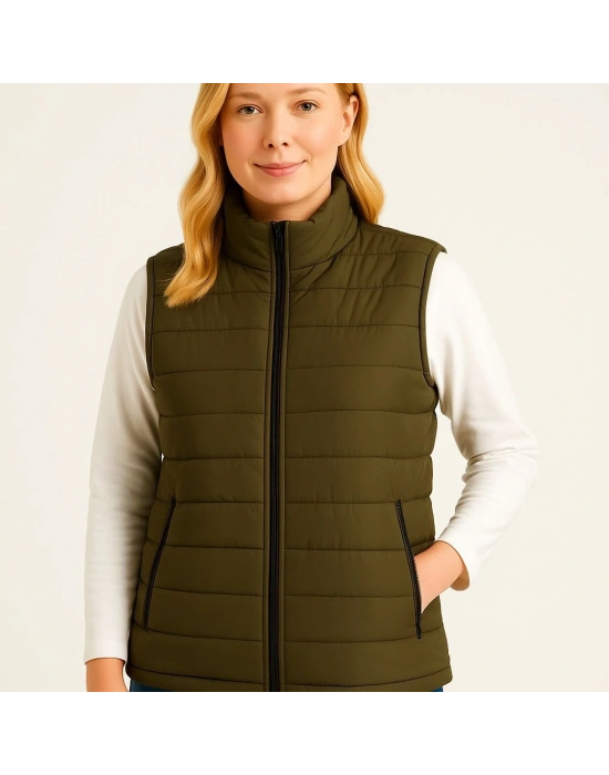 Kadın Şişme Fermuarlı Yelek Su itici Kapitone Astarlı Cepli Hafif Spor Kalıp - Haki