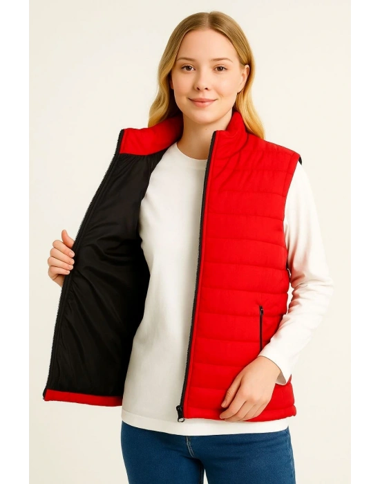 Kadın Şişme Fermuarlı Yelek Su itici Kapitone Astarlı Cepli Hafif Spor Kalıp - Kırmızı