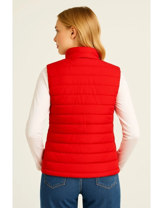 Kadın Şişme Fermuarlı Yelek Su itici Kapitone Astarlı Cepli Hafif Spor Kalıp - Kırmızı