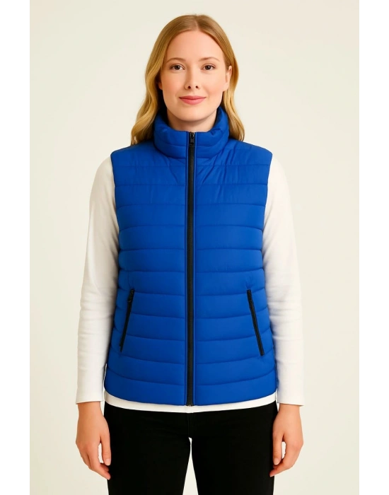 Kadın Şişme Fermuarlı Yelek Su itici Kapitone Astarlı Cepli Hafif Spor Kalıp - Saks Mavisi