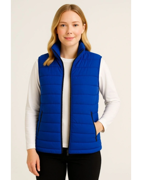 Kadın Şişme Fermuarlı Yelek Su itici Kapitone Astarlı Cepli Hafif Spor Kalıp - Saks Mavisi