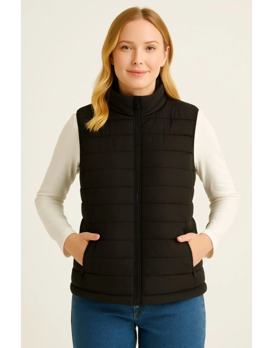 Kadın Şişme Fermuarlı Yelek Su itici Kapitone Astarlı Cepli Hafif Spor Kalıp - Siyah