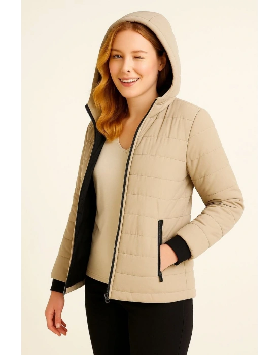 Kadın Şişme Kapüşonlu Fermuarlı Mont Su itici Kapitone Astarlı Kumaş Cepli Kışlık Rahat Kalıp - Bej