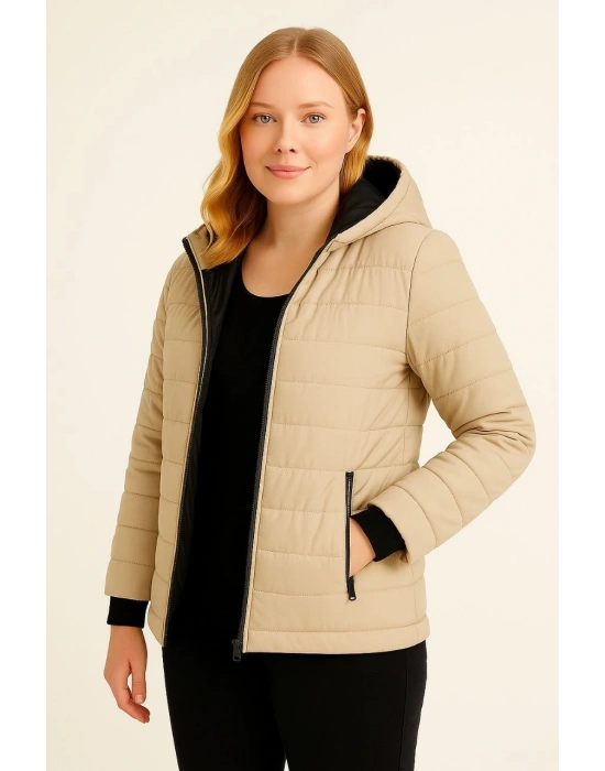 Kadın Şişme Kapüşonlu Fermuarlı Mont Su itici Kapitone Astarlı Kumaş Cepli Kışlık Rahat Kalıp - Bej