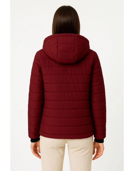 Kadın Şişme Kapüşonlu Fermuarlı Mont Su itici Kapitone Astarlı Cepli Kalıp - Bordo