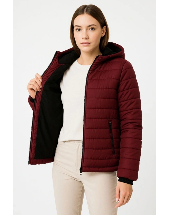 Kadın Şişme Kapüşonlu Fermuarlı Mont Su itici Kapitone Astarlı Cepli Kalıp - Bordo