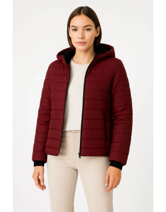 Kadın Şişme Kapüşonlu Fermuarlı Mont Su itici Kapitone Astarlı Cepli Kalıp - Bordo