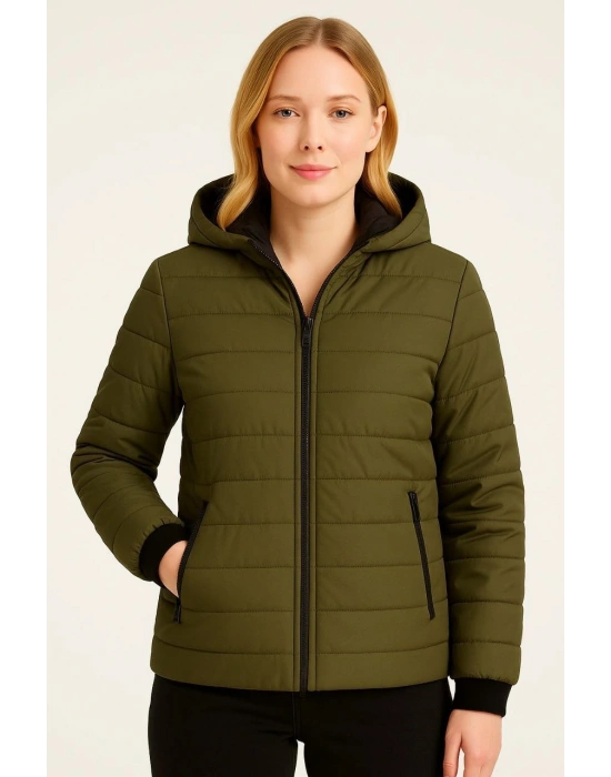 Kadın Şişme Kapüşonlu Fermuarlı Mont Su itici Kapitone Astarlı Cepli Kalıp - Haki