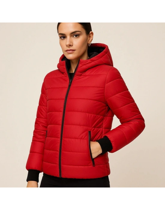 Kadın Şişme Kapüşonlu Fermuarlı Mont Su itici Kapitone Astarlı Cepli Kalıp - Kırmızı