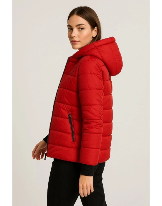 Kadın Şişme Kapüşonlu Fermuarlı Mont Su itici Kapitone Astarlı Cepli Kalıp - Kırmızı