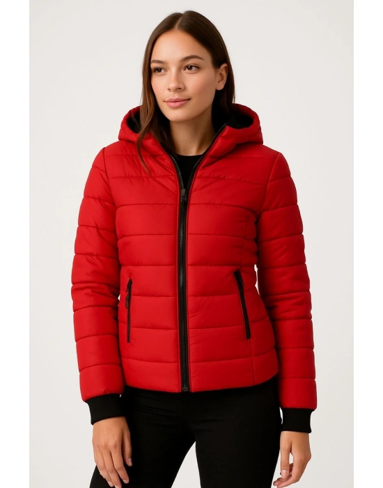 Kadın Şişme Kapüşonlu Fermuarlı Mont Su itici Kapitone Astarlı Cepli Kalıp - Kırmızı