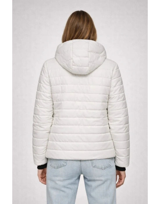 Kadın Şişme Kapüşonlu Fermuarlı Mont Su itici Kapitone Astarlı Cepli Kalıp - Krem