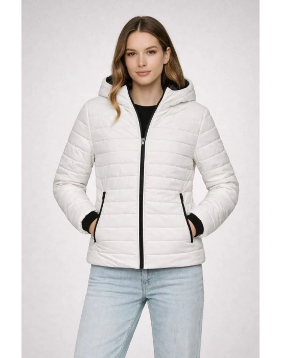 Kadın Şişme Kapüşonlu Fermuarlı Mont Su itici Kapitone Astarlı Cepli Kalıp - Krem