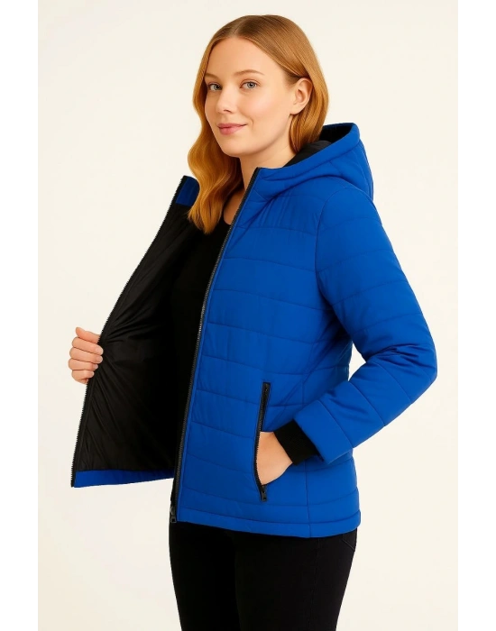 Kadın Şişme Kapüşonlu Fermuarlı Mont Su itici Kapitone Astarlı Cepli Kalıp - Saks Mavisi