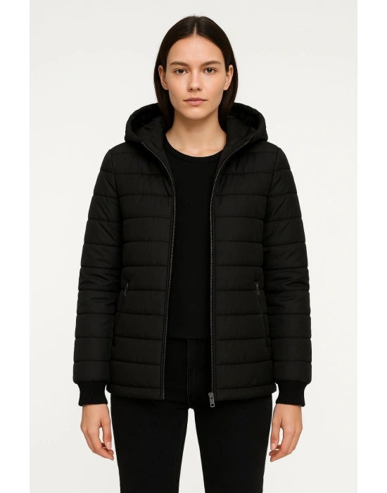 Kadın Şişme Kapüşonlu Fermuarlı Mont Su itici Kapitone Astarlı Cepli Kalıp - Siyah