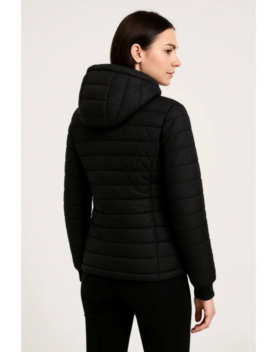 Kadın Şişme Kapüşonlu Fermuarlı Mont Su itici Kapitone Astarlı Cepli Kalıp - Siyah