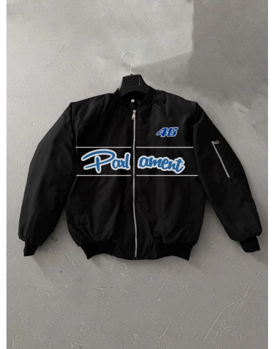 Kadın Siyah Bomber Mont Parliament Yazılı Fermuarlı Cepli Kapitone Astarlı - Siyah