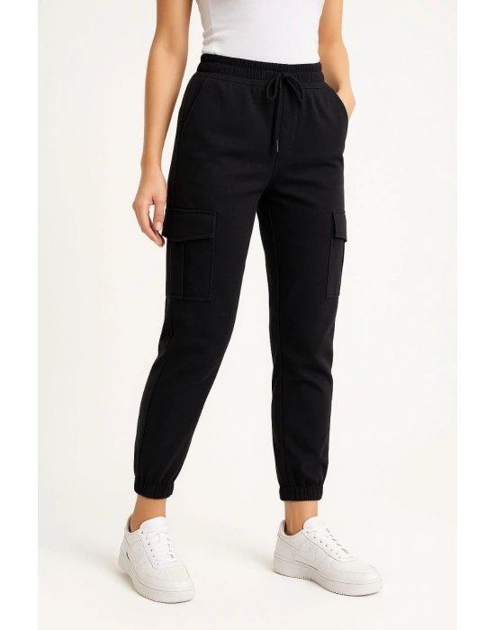 Kadın Siyah Jogger Eşofman Altı Kalıp Kargo Cepli Lastikli Paça Spor Pantolon - Siyah