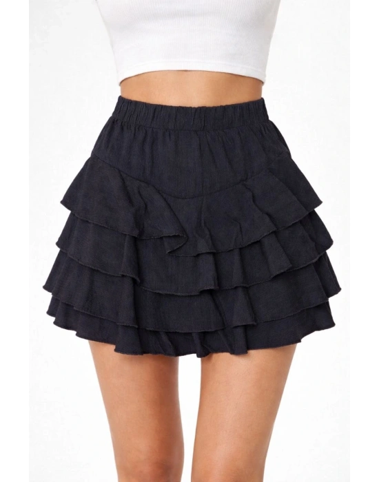 Kadın Siyah Katlı Mini Fırfıtlı Etek Lastikli Yüksel Bel Volanlı Tasarım Kalıp ve - Siyah