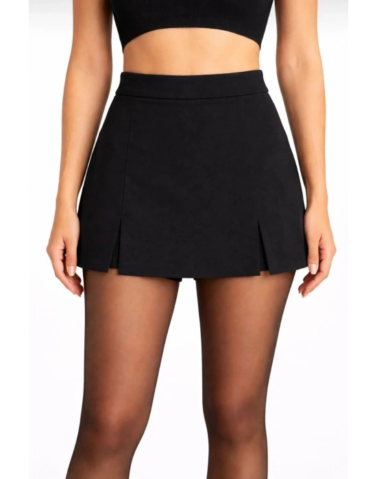 Kadın Siyah Krep Şortlu Etek Mini Boy Yırtmaç Detaylı Yüksek Bel Tasarım - Siyah