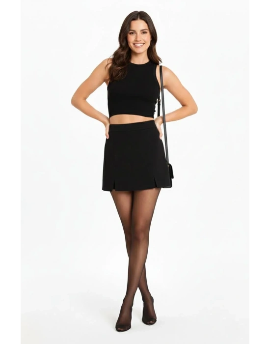 Kadın Siyah Krep Şortlu Etek Mini Boy Yırtmaç Detaylı Yüksek Bel Tasarım - Siyah