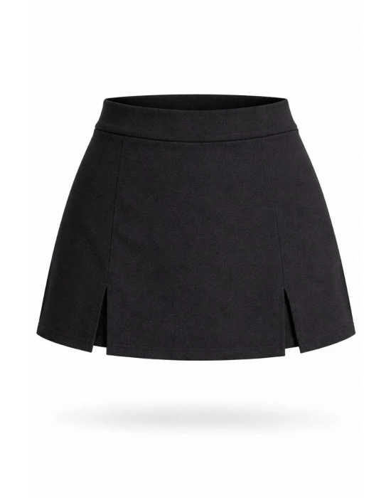 Kadın Siyah Krep Şortlu Etek Mini Boy Yırtmaç Detaylı Yüksek Bel Tasarım - Siyah