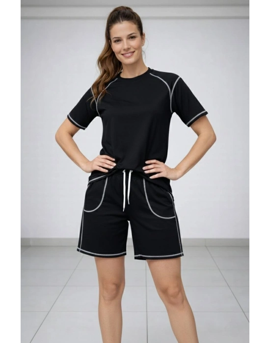Kadın Spor Tişört Şort Takım Kontrast Dikiş Detaylı Ovarsize rahat kalıp - Siyah