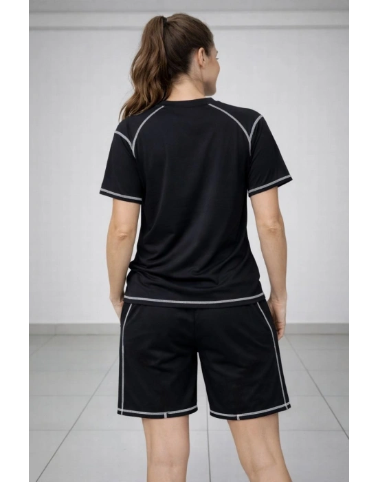 Kadın Spor Tişört Şort Takım Kontrast Dikiş Detaylı Ovarsize rahat kalıp - Siyah