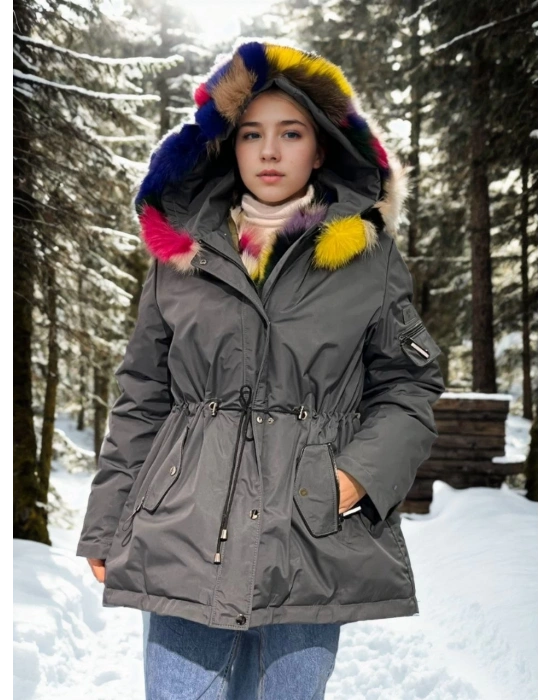 Kadın Su Geçirmez Kapüşonlu Mont - Füme