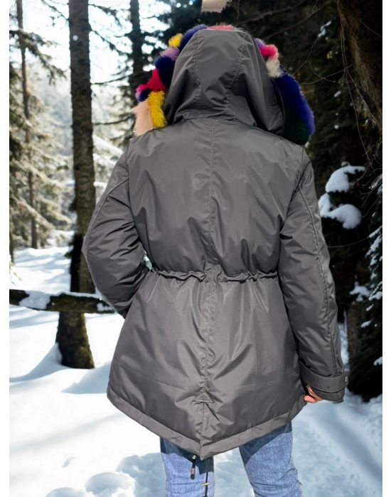 Kadın Su Geçirmez Kapüşonlu Mont - Füme