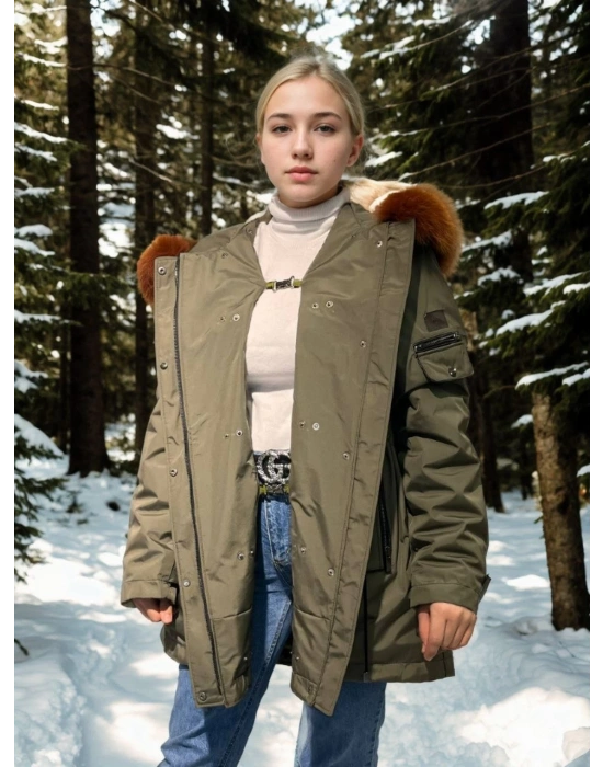 Kadın Su Geçirmez Kapüşonlu Mont - Haki