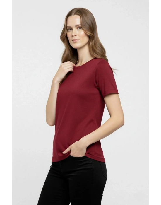 Kadın Bisiklet Yaka Slim Fit Likralı Tişört - Bordo