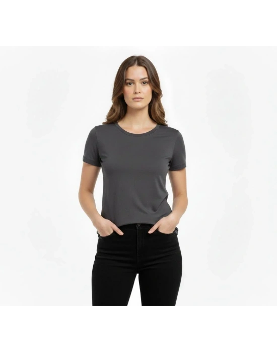 Kadın T-Shirt Bisiklet Yaka Slim Fit Likralı Tişört Günlük Basic Body - Füme