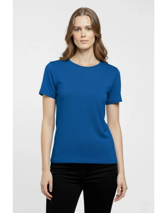 Kadın T-Shirt Bisiklet Yaka Slim Fit Likralı Tişört Günlük Basic Body - İndigo