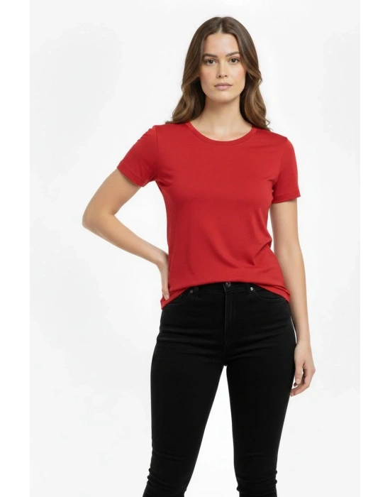 Kadın Bisiklet Yaka Slim Fit Likralı Tişört - Kırmızı