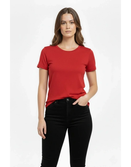 Kadın Bisiklet Yaka Slim Fit Likralı Tişört - Kırmızı