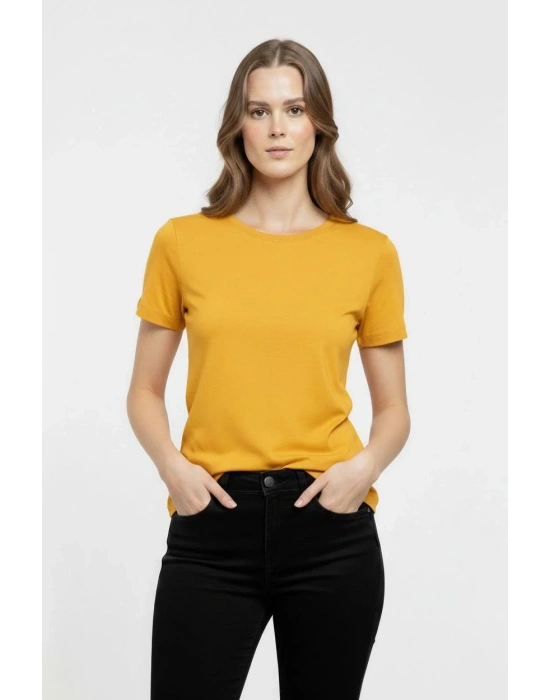 Kadın Bisiklet Yaka Slim Fit Likralı Tişört - Sarı