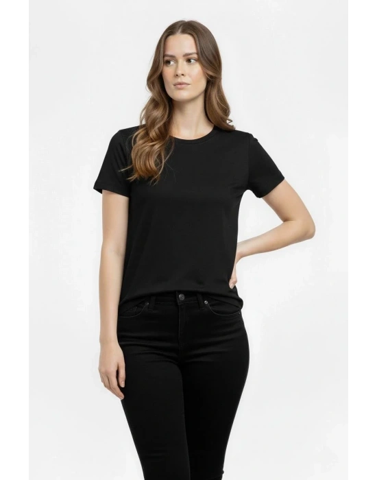Kadın T-Shirt Bisiklet Yaka Slim Fit Likralı Tişört Günlük Basic Body - Siyah