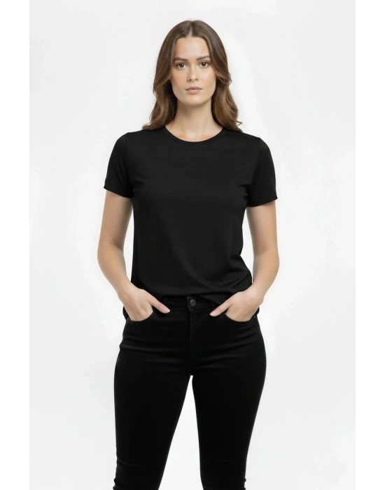 Kadın T-Shirt Bisiklet Yaka Slim Fit Likralı Tişört Günlük Basic Body - Siyah
