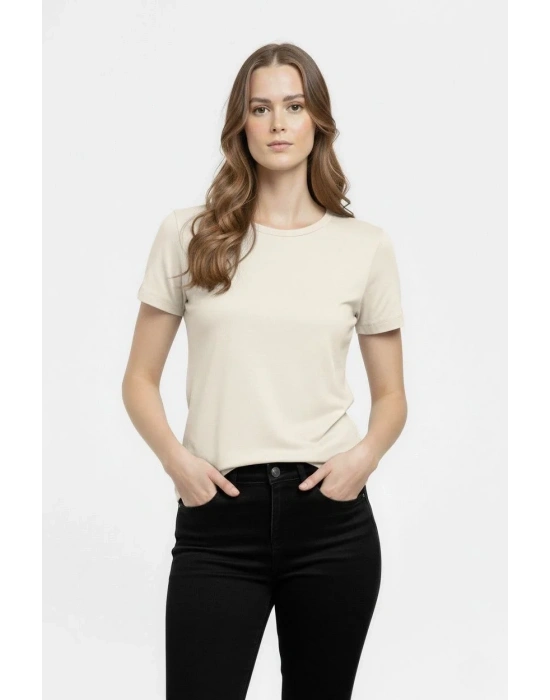 Kadın Bisiklet Yaka Slim Fit Likralı Tişört - Taş