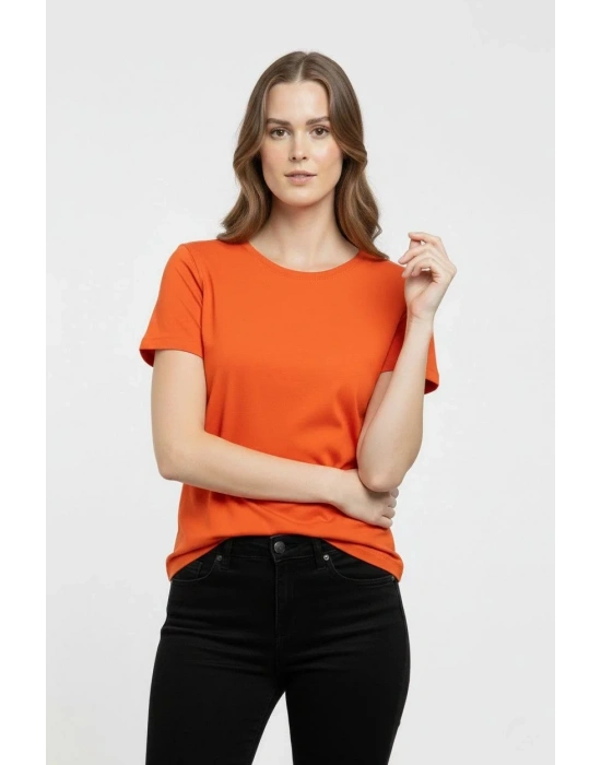 Kadın Bisiklet Yaka Slim Fit Likralı Tişört - Turuncu