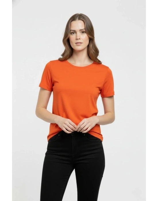 Kadın Bisiklet Yaka Slim Fit Likralı Tişört - Turuncu