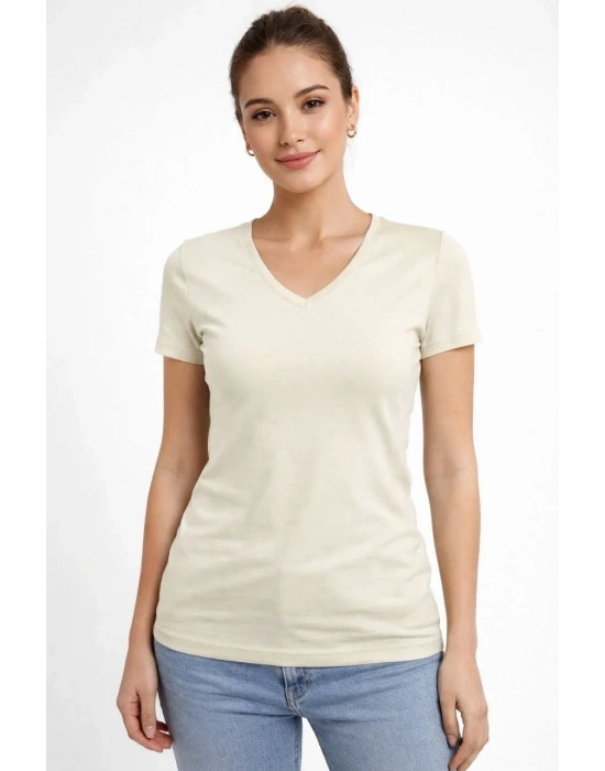 Kadın V Yaka Slim Fit Likralı Tişört - Taş