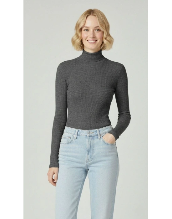 Kadın Tam Boğazlı Fitilli Likrali Kaşkorse Badi İnce Uzun Kollu Kazak - Antrasit