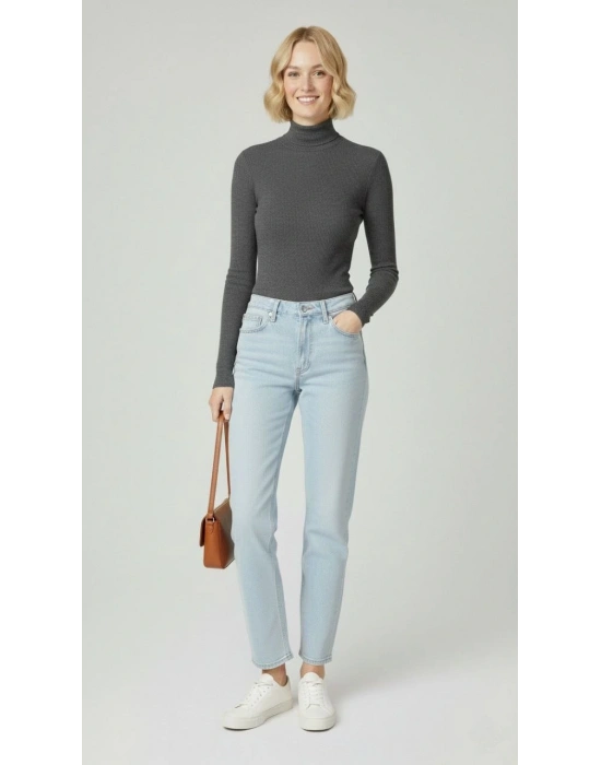 Kadın Tam Boğazlı Fitilli Likrali Kaşkorse Badi İnce Uzun Kollu Kazak - Antrasit