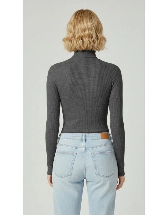 Kadın Tam Boğazlı Fitilli Likrali Kaşkorse Badi İnce Uzun Kollu Kazak - Antrasit