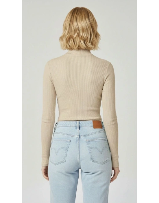 Kadın Tam Boğazlı Fitilli Likrali Kaşkorse Badi İnce Uzun Kollu Kazak - Bej