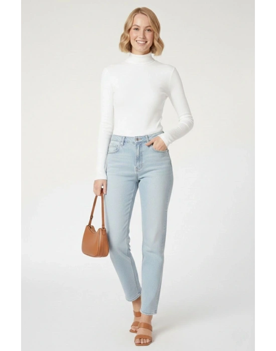 Kadın Tam Boğazlı Fitilli Likrali Kaşkorse Badi İnce Uzun Kollu Kazak - Beyaz