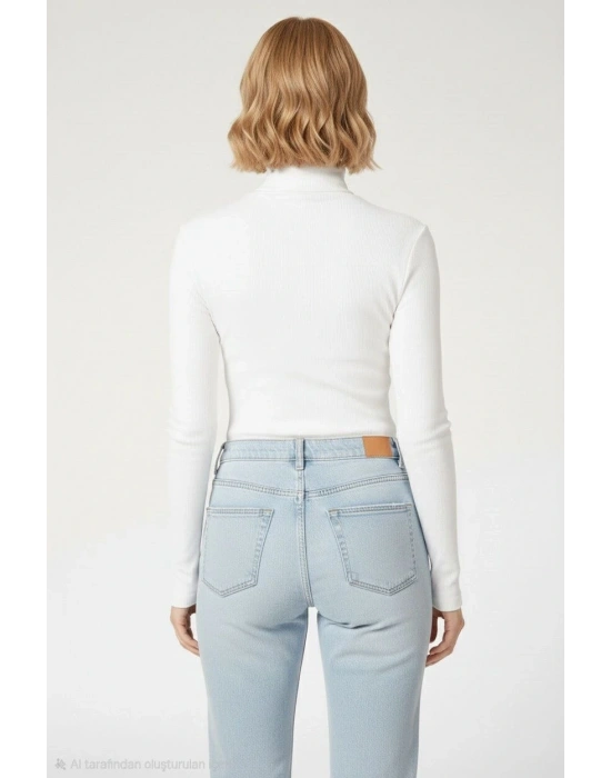 Kadın Tam Boğazlı Fitilli Likrali Kaşkorse Badi İnce Uzun Kollu Kazak - Beyaz